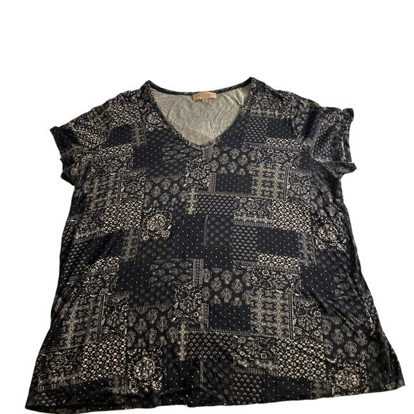 Boho Patchwork Print Tee Black Cream Philosophy Woman 1X - Picture 2 of 6